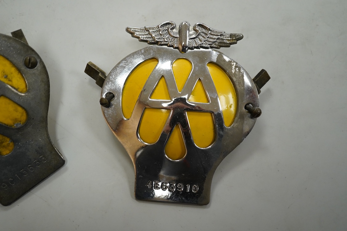 Two vintage AA chrome car badges